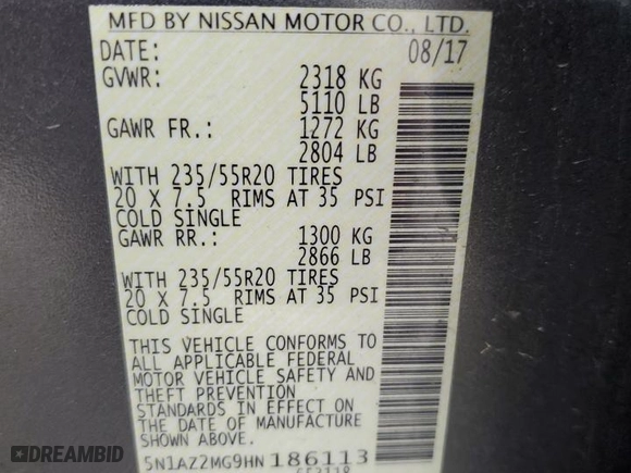 2017 Nissan Murano SL with VIN 5N1AZ2MG9HN186113, listed as a Copart auction lot 51609535 with 116,228 mi miles and Salvage Title. Bid and sale history available at carsss.com. Image 14.