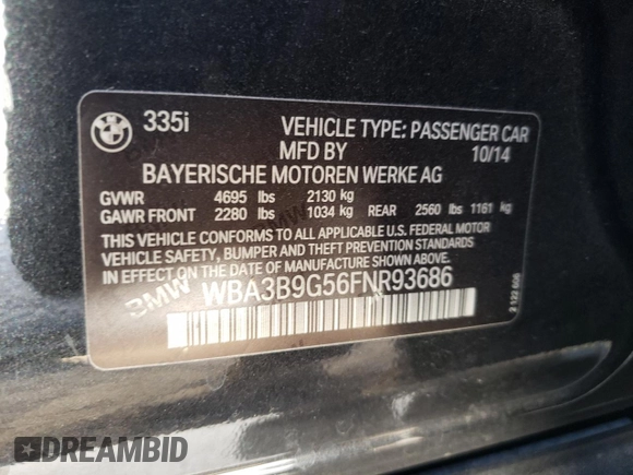 2015 BMW 3 Series 335i xDrive with VIN WBA3B9G56FNR93686, listed as a Copart auction lot 76399994 with 100,469 mi miles and Salvage Title. Bid and sale history available at carsss.com. Image 12.