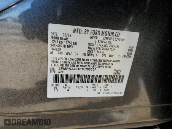 2019 Ford Edge SEL with VIN 2FMPK3J91KBC06657, listed as a Copart auction lot 88518605 with 56,397 mi miles and Salvage Title. Bid and sale history available at carsss.com. Image 13.