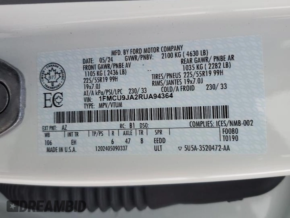 2024 Ford Escape Platinum with VIN 1FMCU9JA2RUA94364, listed as a Copart auction lot 44106135 with 23,229 mi miles and Salvage Title. Bid and sale history available at DreamBid. Image 14.
