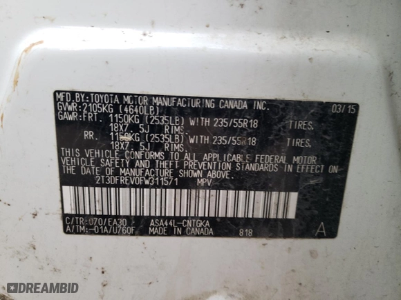 2015 Toyota RAV4 Limited with VIN 2T3DFREV0FW311571, listed as a Copart auction lot 44394355 with 214,563 mi miles and Salvage Title. Bid and sale history available at carsss.com. Image 13.