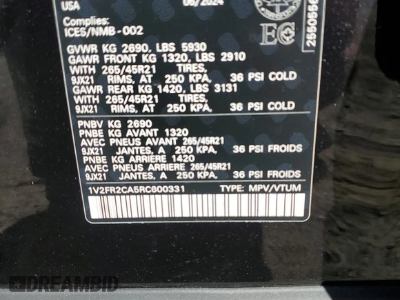 2024 Volkswagen Atlas SEL Premium R-Line with VIN 1V2FR2CA5RC600331, listed as a Copart auction lot 55237615 with 13,796 mi miles and Salvage title. Bid and sale history available at DreamBid. Image 13.