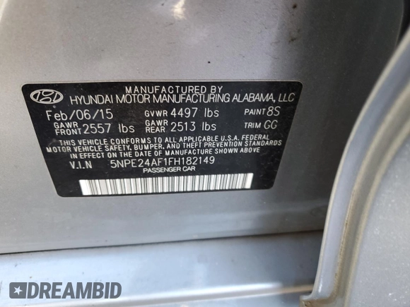 2015 Hyundai Sonata 2.4L SE with VIN 5NPE24AF1FH182149, listed as a Copart auction lot 88495575 with 93,290 mi miles and Salvage Title. Bid and sale history available at carsss.com. Image 12.