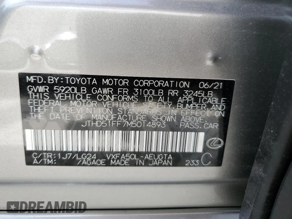 2021 Lexus LS 500 with VIN JTHD51FF7M5014893, listed as a Copart auction lot 75668634 with Not provided miles and Non repairable. Bid and sale history available at DreamBid. Image 12.