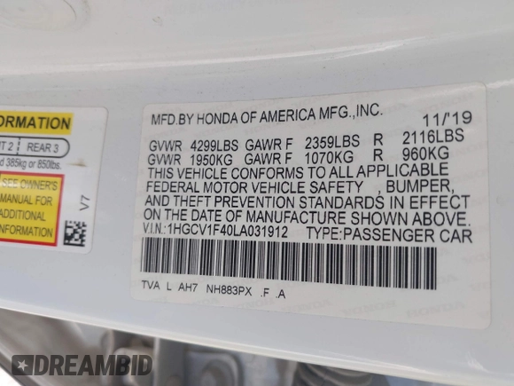 2020 Honda Accord EX with VIN 1HGCV1F40LA031912, listed as a IAAI auction lot 42580982 with 103,757 mi miles and . Bid and sale history available at DreamBid. Image 9.
