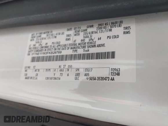 2015 Ford Transit Cargo с VIN 1FTNE1YM3FKB29769, выставлен на аукционе IAAI как лот 42488595 с пробегом 200 303 миль миль и . История ставок и продаж доступна на DreamBid. Изображение 9.