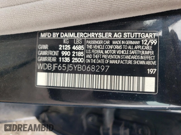 2000 Mercedes-Benz E-Class with VIN WDBJF65J5YB068297, listed as a Copart auction lot 69199004 with 236,751 mi miles and Salvage Title. Bid and sale history available at carsss.com. Image 14.