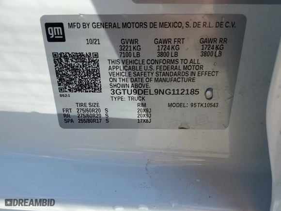 2022 GMC Sierra 1500 Limited SLT with VIN 3GTU9DEL9NG112185, listed as a Copart auction lot 46076825 with 22,228 mi miles and Salvage Title. Bid and sale history available at carsss.com. Image 14.
