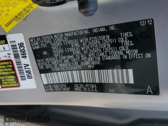 2013 Toyota Sienna XLE with VIN 5TDDK3DC2DS056770, listed as a Copart auction lot 59662405 with 204,266 mi miles and Salvage title. Bid and sale history available at DreamBid. Image 13.