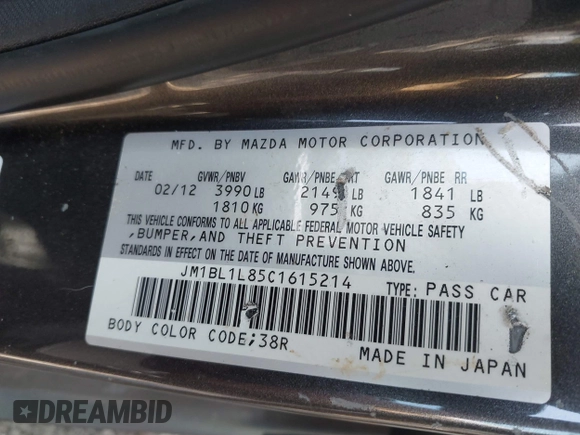 2012 Mazda 3 i Touring with VIN JM1BL1L85C1615214, listed as a IAAI auction lot 42563686 with 151,135 mi miles and . Bid and sale history available at DreamBid. Image 9.