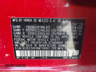 2024 Honda HR-V Sport with VIN 3CZRZ2H53RM728067, listed as a IAAI auction lot 42139736 with 24,451 mi miles and . Bid and sale history available at DreamBid. Image 9.