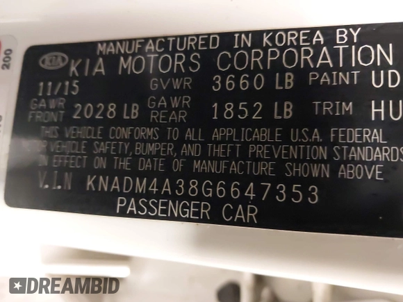 2016 Kia Rio LX with VIN KNADM4A38G6647353, listed as a IAAI auction lot 41822464 with 88,801 mi miles. Bid and sale history available at carsss.com. Image 9.