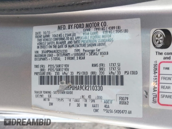 2012 Ford Fusion SE with VIN 3FAHP0HA9CR210330, listed as a IAAI auction lot 41988499 with 165,395 mi miles and . Bid and sale history available at DreamBid. Image 9.
