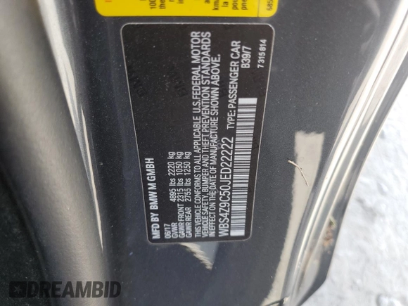 2018 BMW M4 with VIN WBS4Z9C50JED22222, listed as a Copart auction lot 57043595 with 71,899 mi miles and Salvage title. Bid and sale history available at DreamBid. Image 12.