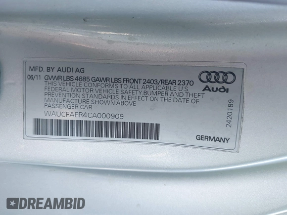 2012 Audi A5 2.0T Premium with VIN WAUCFAFR4CA000909, listed as a IAAI auction lot 41343669 with 193,211 mi miles. Bid and sale history available at carsss.com. Image 9.