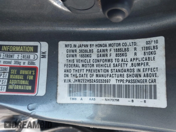 2010 Honda Insight LX with VIN JHMZE2H52AS032697, listed as a IAAI auction lot 42255794 with 262,251 mi miles and . Bid and sale history available at DreamBid. Image 9.
