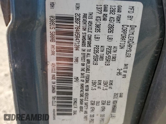 2005 Chrysler Pacifica z VIN 2C8GF78405R471204, wystawiony jako Copart lot #79471964 z przebiegiem Nie podano mil oraz Szkoda całkowita • Salvage title. Historia ofert i sprzedaży dostępna na DreamBid. Obrazek 12.