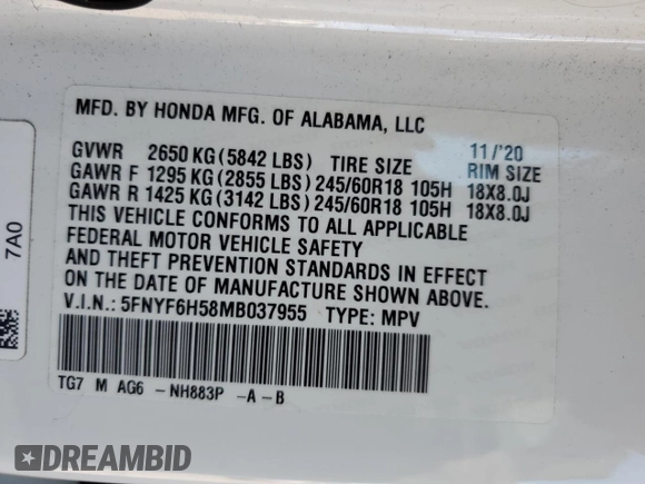 2021 Honda Pilot EX-L with VIN 5FNYF6H58MB037955, listed as a Copart auction lot 70078604 with 30,129 mi miles and Salvage Title. Bid and sale history available at DreamBid. Image 15.