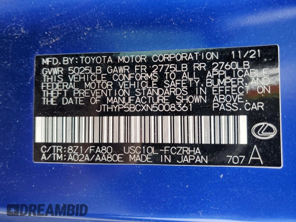2022 Lexus RC with VIN JTHYP5BCXN5008361, listed as a Copart auction lot 49671335 with 26,096 mi miles and Salvage title. Bid and sale history available at DreamBid. Image 13.