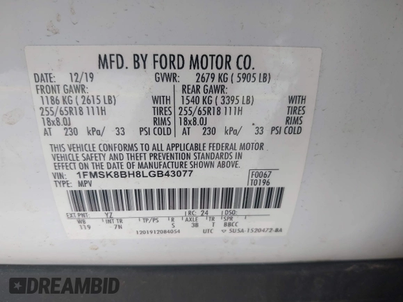 2020 Ford Explorer with VIN 1FMSK8BH8LGB43077, listed as a IAAI auction lot 42656280 with 57,162 mi miles and . Bid and sale history available at DreamBid. Image 9.