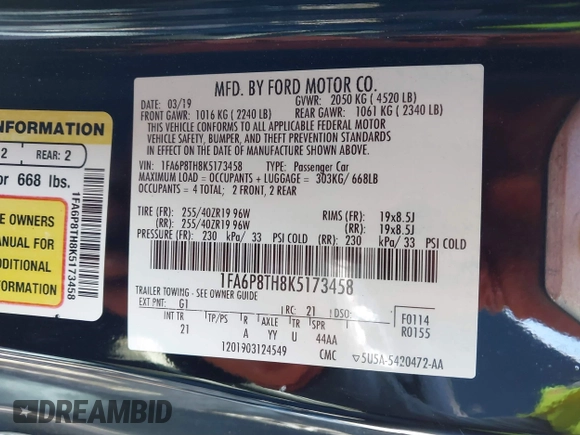 2019 Ford Mustang EcoBoost with VIN 1FA6P8TH8K5173458, listed as a IAAI auction lot 41085251 with 99,260 mi miles and . Bid and sale history available at carsss.com. Image 9.