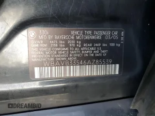 2006 BMW 3 Series 330i with VIN WBAVB33546AZ85539, listed as a Copart auction lot 43330385 with 201,132 mi miles and Salvage Title. Bid and sale history available at DreamBid. Image 12.