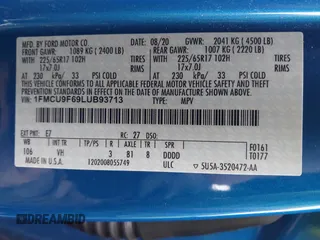 2020 Ford Escape S with VIN 1FMCU9F69LUB93713, listed as a IAAI auction lot 41676986 with 62,122 mi miles and . Bid and sale history available at DreamBid. Image 9.