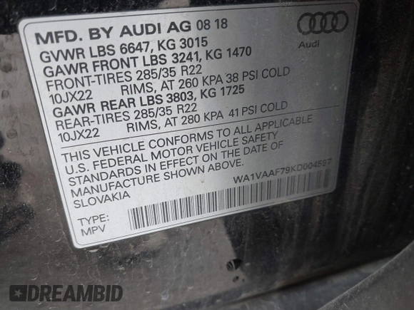 2019 Audi Q7 Prestige with VIN WA1VAAF79KD004597, listed as a IAAI auction lot 41865780 with 103,448 mi miles. Bid and sale history available at carsss.com. Image 9.
