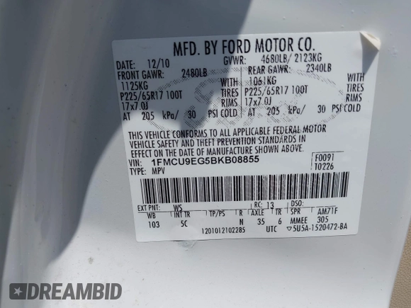 2011 Ford Escape Limited with VIN 1FMCU9EG5BKB08855, listed as a IAAI auction lot 42073027 with 145,471 mi miles and . Bid and sale history available at DreamBid. Image 9.