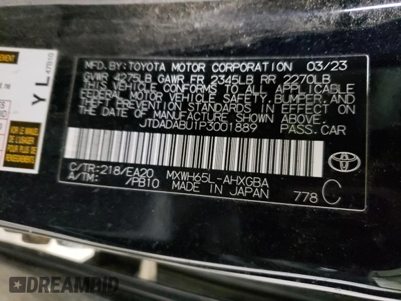 2023 Toyota Prius LE with VIN JTDADABU1P3001889, listed as a Copart auction lot 47177665 with 45,439 mi miles and Salvage Title. Bid and sale history available at DreamBid. Image 13.