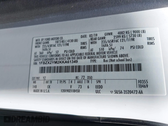 2019 Ford Transit Passenger XL z VIN 1FBZX2YM2KKA61349, wystawiony jako IAAI lot #42342349 z przebiegiem 106 593 mil mil oraz . Historia ofert i sprzedaży dostępna na DreamBid. Obrazek 9.