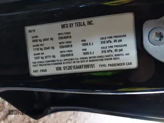 2019 Tesla Model 3 Mid Range with VIN 5YJ3E1EA4KF399151, listed as a IAAI auction lot 41840425 with Not Provided miles and . Bid and sale history available at DreamBid. Image 8.
