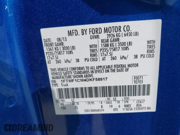2013 Ford F-150 XL with VIN 1FTMF1CM4DKF58917, listed as a IAAI auction lot 42075200 with 133,401 mi miles and . Bid and sale history available at DreamBid. Image 9.