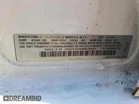 2010 Volkswagen Jetta S with VIN 3VWJZ7AJ0AM079420, listed as a Copart auction lot 62963995 with 244,277 mi miles and Salvage title. Bid and sale history available at DreamBid. Image 12.