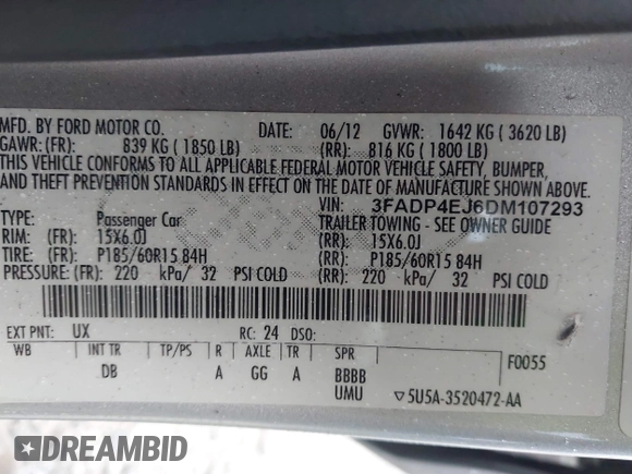 2013 Ford Fiesta SE with VIN 3FADP4EJ6DM107293, listed as a IAAI auction lot 41898229 with 129,694 mi miles. Bid and sale history available at carsss.com. Image 9.