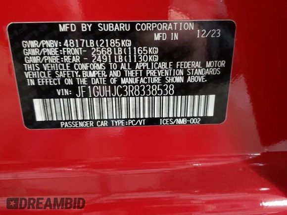 2024 Subaru Impreza RS with VIN JF1GUHJC3R8338538, listed as a Copart auction lot 77365644 with 3,106 mi miles and Salvage Title. Bid and sale history available at carsss.com. Image 12.