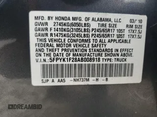 2010 Honda Ridgeline RT with VIN 5FPYK1F28AB008918, listed as a Copart auction lot 70030164 with 0 mi miles and Salvage Title. Bid and sale history available at carsss.com. Image 13.