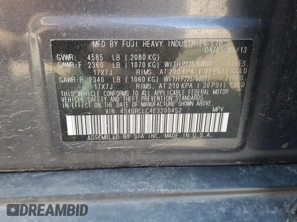 2014 Subaru Outback Limited with VIN 4S4BRCLC4E3200452, listed as a Copart auction lot 53103685 with Not Provided miles and Clean Title. Bid and sale history available at DreamBid. Image 13.