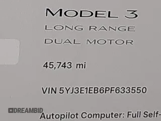 2023 Tesla Model 3 Long Range with VIN 5YJ3E1EB6PF633550, listed as a IAAI auction lot 41861278 with 45,743 mi miles and . Bid and sale history available at DreamBid. Image 15.