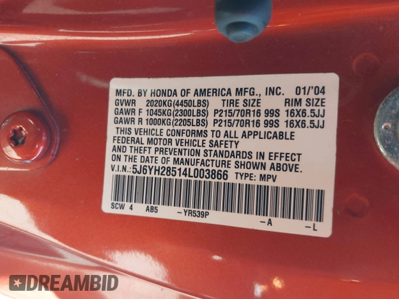 2004 Honda Element EX with VIN 5J6YH28514L003866, listed as a IAAI auction lot 42509654 with 161,987 mi miles and . Bid and sale history available at DreamBid. Image 9.