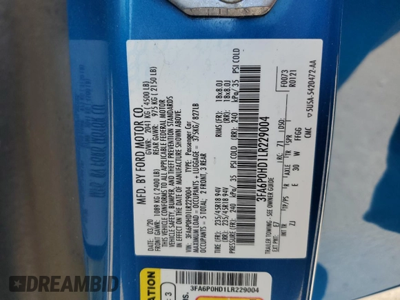 2020 Ford Fusion SE with VIN 3FA6P0HD1LR229004, listed as a Copart auction lot 54538675 with 49,447 mi miles and Salvage Title. Bid and sale history available at DreamBid. Image 12.