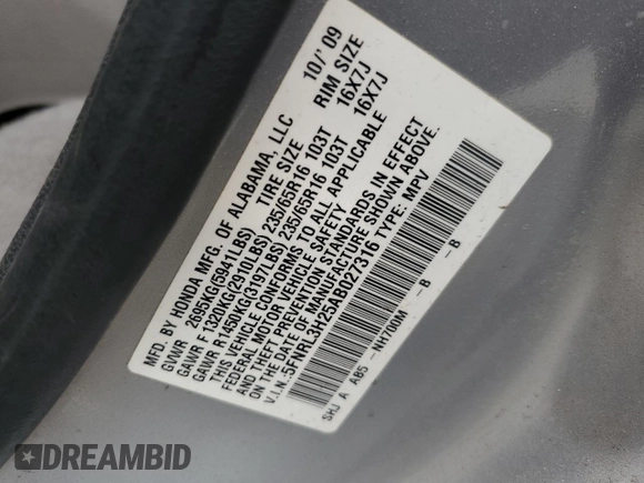 2010 Honda Odyssey LX with VIN 5FNRL3H25AB027316, listed as a Copart auction lot 57937805 with 181,551 mi miles and Salvage title. Bid and sale history available at DreamBid. Image 13.