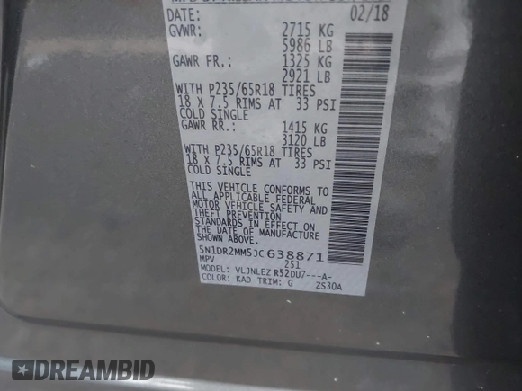 2018 Nissan Pathfinder S z VIN 5N1DR2MM5JC638871, wystawiony jako IAAI lot #41691038 z przebiegiem 96 284 mil mil oraz . Historia ofert i sprzedaży dostępna na DreamBid. Obrazek 9.