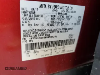 2013 Ford Explorer with VIN 1FM5K7B88DGB31309, listed as a Copart auction lot 59912245 with 104,052 mi miles and Salvage title. Bid and sale history available at DreamBid. Image 12.