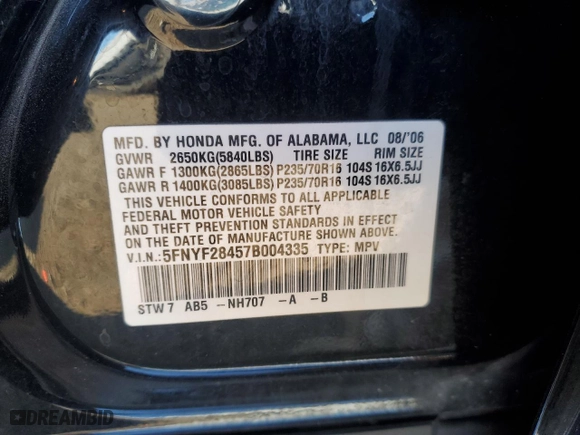 2007 Honda Pilot EX with VIN 5FNYF28457B004335, listed as a Copart auction lot 75429194 with 162,049 mi miles and Salvage Title. Bid and sale history available at carsss.com. Image 15.