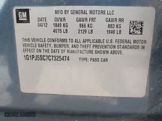 2012 Chevrolet Cruze ECO with VIN 1G1PJ5SC7C7325474, listed as a IAAI auction lot 41896726 with 161,689 mi miles. Bid and sale history available at carsss.com. Image 9.
