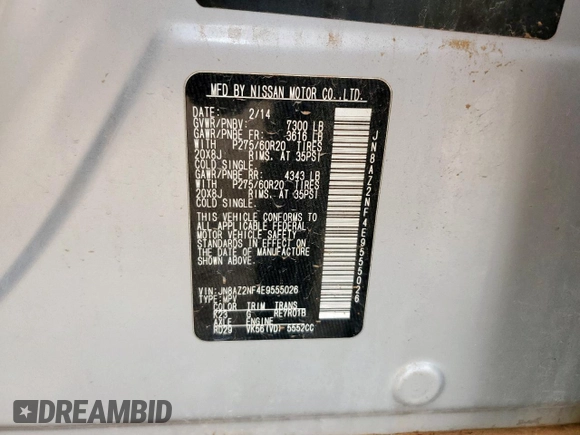 2014 Infiniti QX80 with VIN JN8AZ2NF4E9555026, listed as a Copart auction lot 59152795 with 214,144 mi miles and Clean title. Bid and sale history available at DreamBid. Image 13.