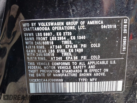 2018 Volkswagen Atlas SE z VIN 1V2KR2CA4JC569589, wystawiony jako IAAI lot #42471911 z przebiegiem 91 859 mil mil oraz . Historia ofert i sprzedaży dostępna na DreamBid. Obrazek 9.