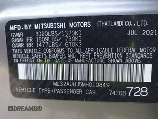 2021 Mitsubishi Mirage ES with VIN ML32AUHJ5MH010849, listed as a IAAI auction lot 41767732 with 61,383 mi miles and . Bid and sale history available at DreamBid. Image 9.