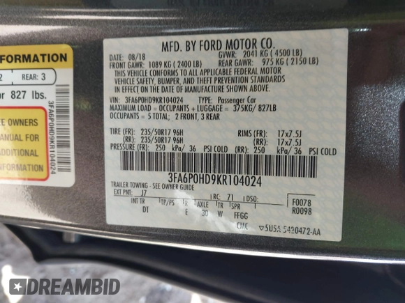 2019 Ford Fusion SE with VIN 3FA6P0HD9KR104024, listed as a IAAI auction lot 41831472 with 44,629 mi miles. Bid and sale history available at carsss.com. Image 9.